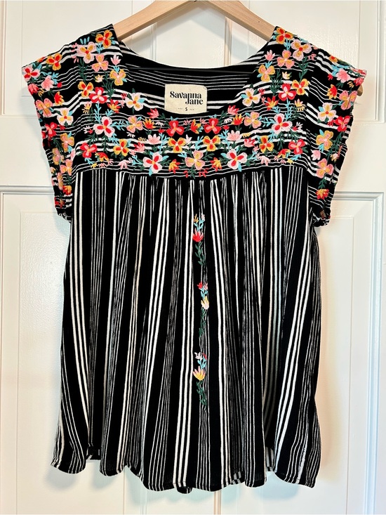 Savanna Jane Tops - Savanna Jane Embroidered Striped Boho Blouse - Small